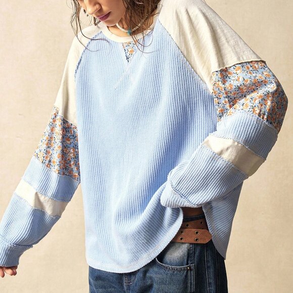 Blue Casual Women's Knit Patchwork Round Neck Long Sleeve Loose Blouse - Picture 7 of 8